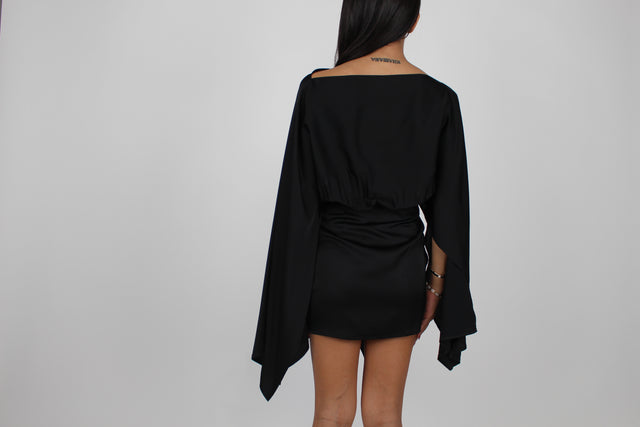 BLACK DRAPE MINI DRESS