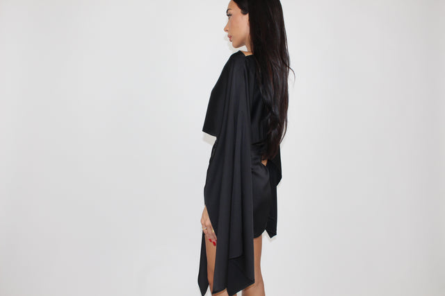 BLACK DRAPE MINI DRESS